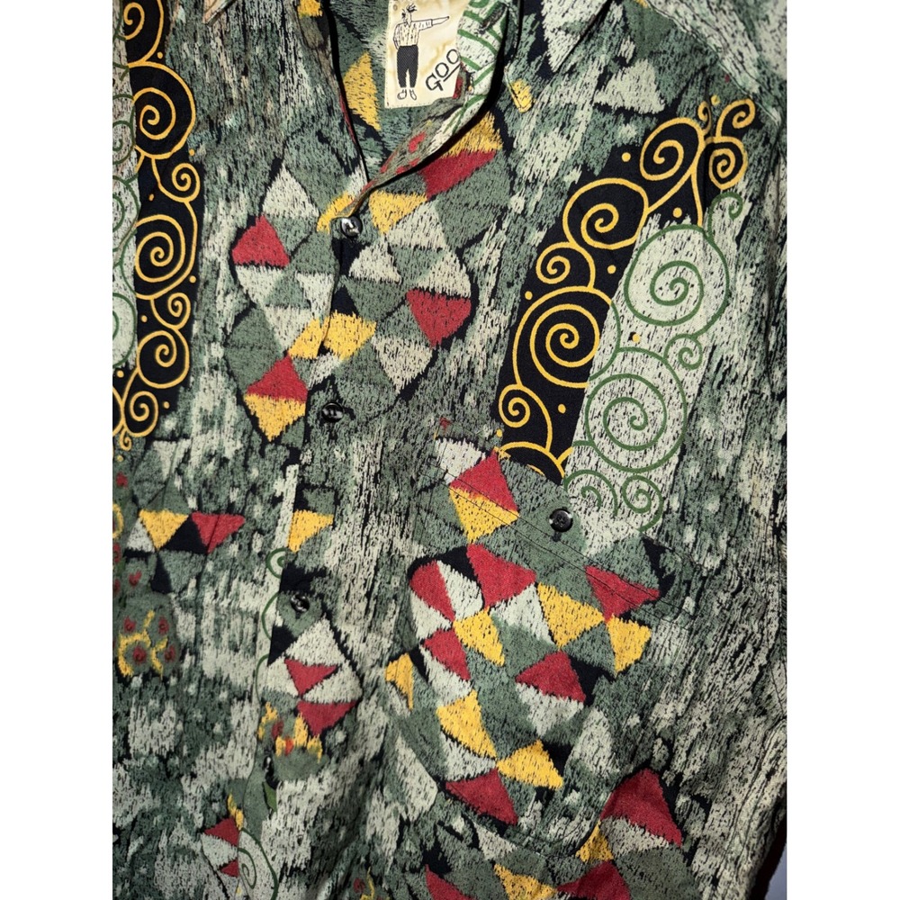 Vintage Goouch Rayon Abstract Geometric Scroll Print Button Down Shirt Small - Picture 2 of 4